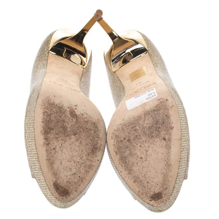 Pre Owned Jimmy Choo Metallic Gold Lamè Glitter Fabric Dahlia Platform Peep Toe Pumps Size 39