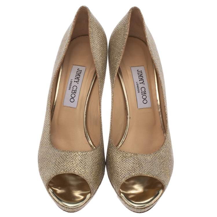 Pre Owned Jimmy Choo Metallic Gold Lamè Glitter Fabric Dahlia Platform Peep Toe Pumps Size 39