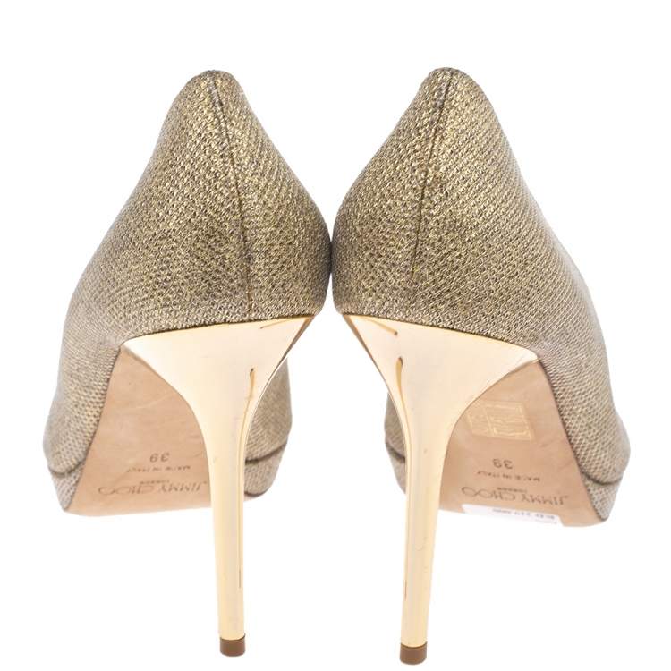 Pre Owned Jimmy Choo Metallic Gold Lamè Glitter Fabric Dahlia Platform Peep Toe Pumps Size 39