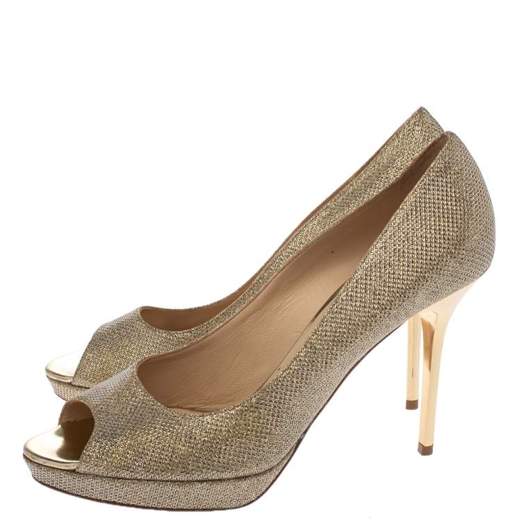 Pre Owned Jimmy Choo Metallic Gold Lamè Glitter Fabric Dahlia Platform Peep Toe Pumps Size 39