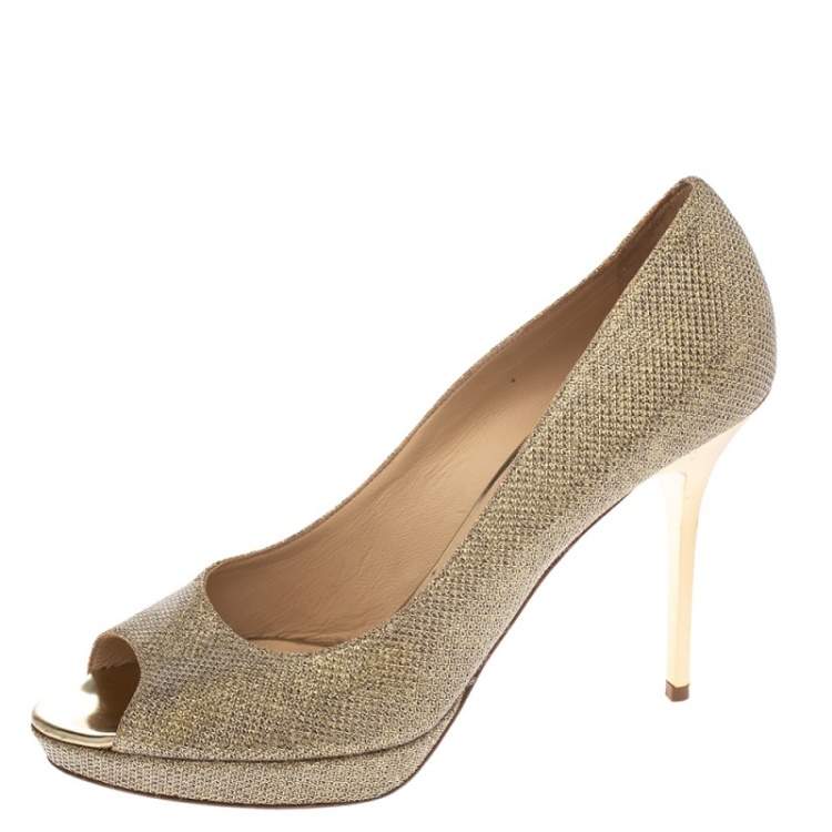 Pre Owned Jimmy Choo Metallic Gold Lamè Glitter Fabric Dahlia Platform Peep Toe Pumps Size 39