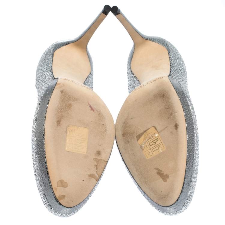 Pre Owned Jimmy Choo Silver Glitter Fabric And Lizard Embossed Leather Hope Platform Pumps Size 38.5