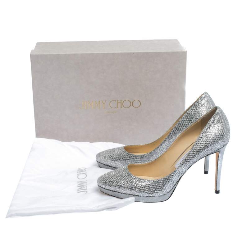 Pre Owned Jimmy Choo Silver Glitter Fabric And Lizard Embossed Leather Hope Platform Pumps Size 38.5