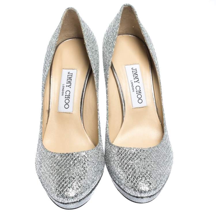 Pre Owned Jimmy Choo Silver Glitter Fabric And Lizard Embossed Leather Hope Platform Pumps Size 38.5