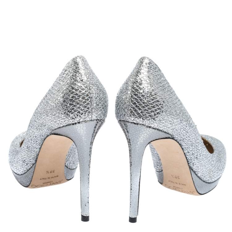 Pre Owned Jimmy Choo Silver Glitter Fabric And Lizard Embossed Leather Hope Platform Pumps Size 38.5
