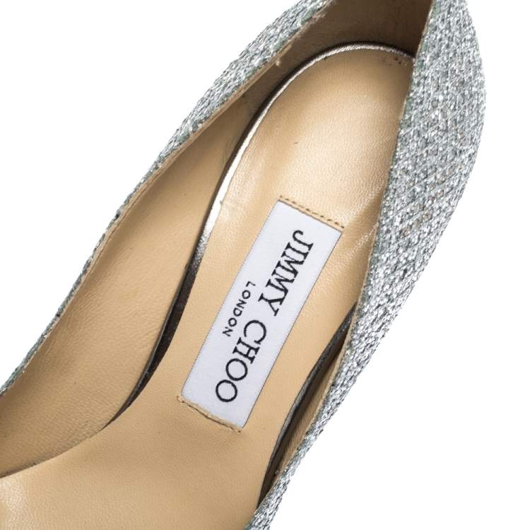 Pre Owned Jimmy Choo Silver Glitter Fabric And Lizard Embossed Leather Hope Platform Pumps Size 38.5