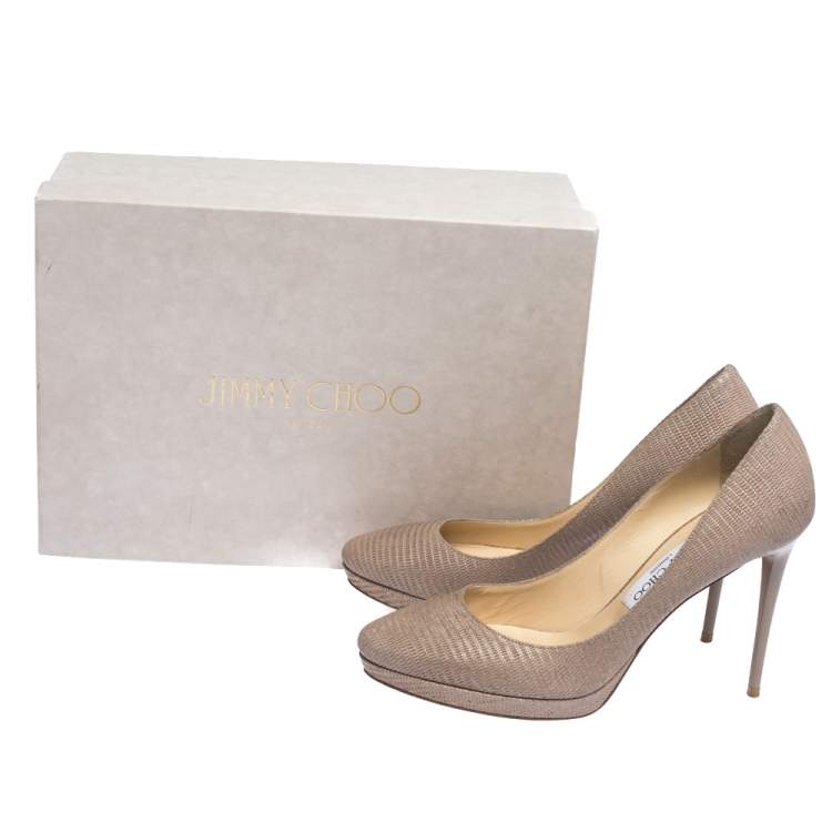 Pre Owned Jimmy Choo Beige Lizard Embossed Glitter Leather Hope Platform Pumps Size 38.5