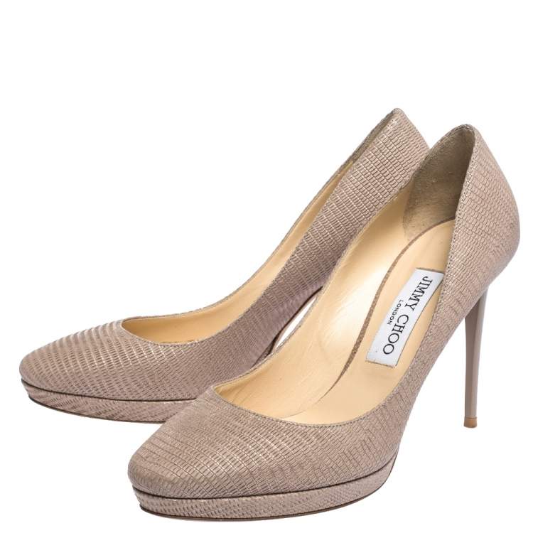 Pre Owned Jimmy Choo Beige Lizard Embossed Glitter Leather Hope Platform Pumps Size 38.5