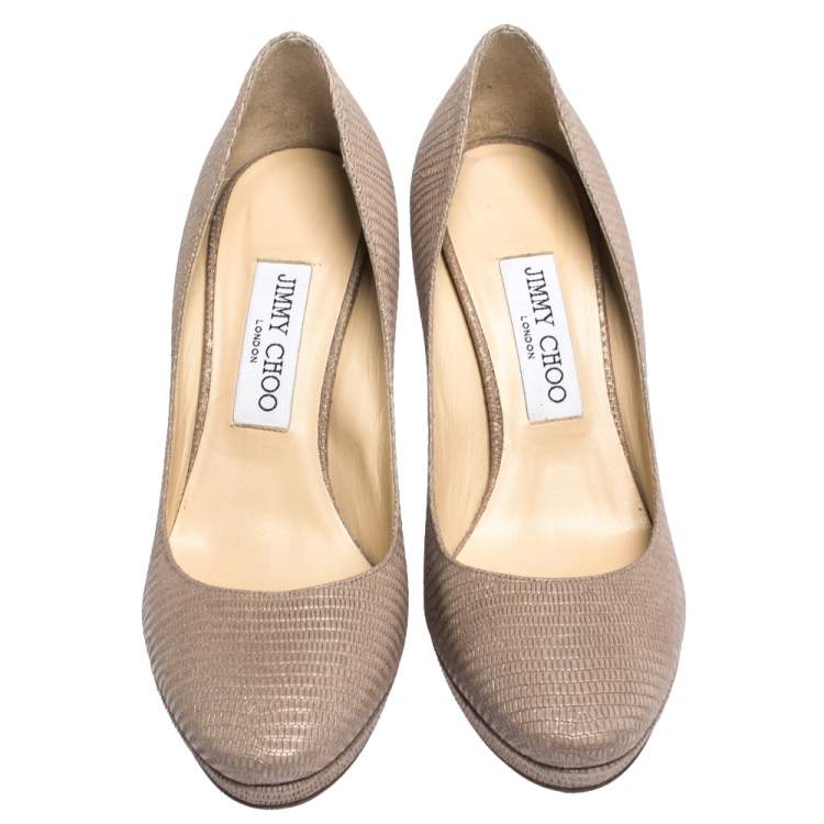 Pre Owned Jimmy Choo Beige Lizard Embossed Glitter Leather Hope Platform Pumps Size 38.5