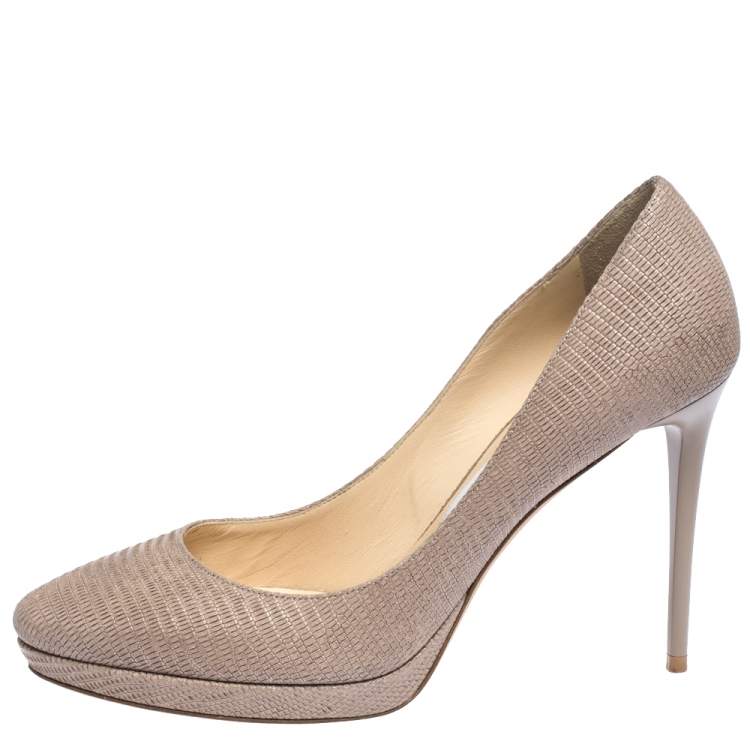 Pre Owned Jimmy Choo Beige Lizard Embossed Glitter Leather Hope Platform Pumps Size 38.5