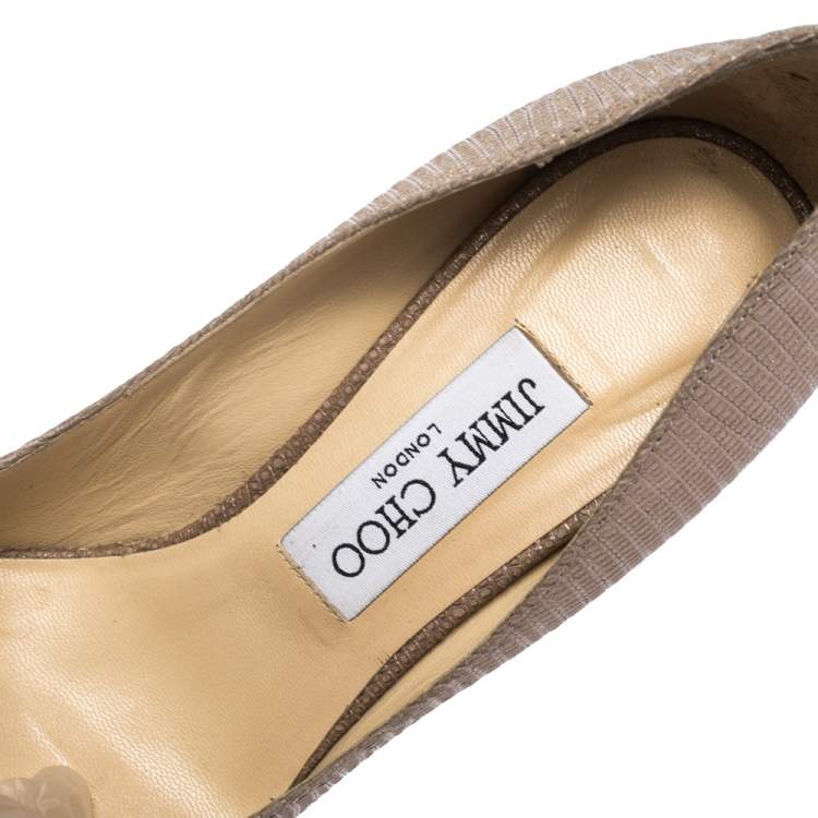 Pre Owned Jimmy Choo Beige Lizard Embossed Glitter Leather Hope Platform Pumps Size 38.5