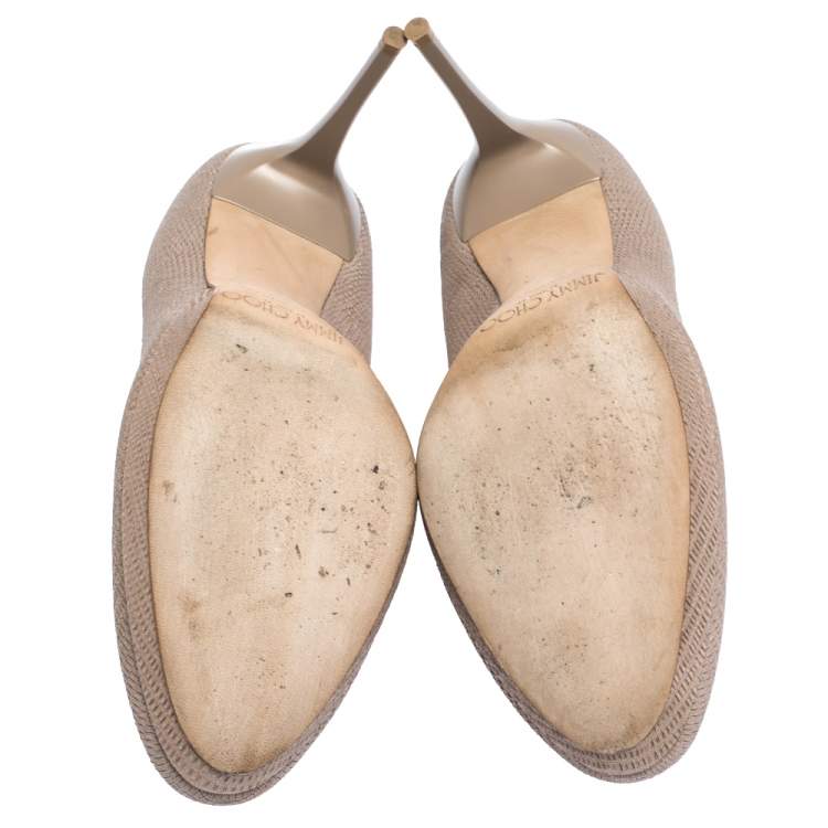 Pre Owned Jimmy Choo Beige Lizard Embossed Glitter Leather Hope Platform Pumps Size 38.5