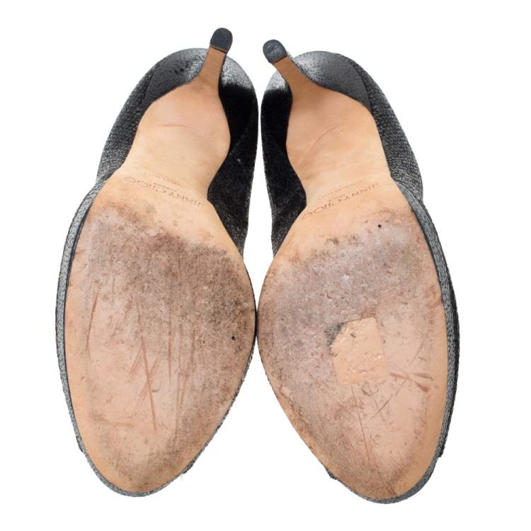 Pre Owned Jimmy Choo Black Lamè Fabric Quiet Peep Toe Platform Pumps Size 39.5