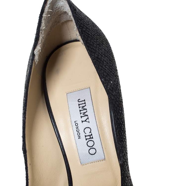 Pre Owned Jimmy Choo Black Lamè Fabric Quiet Peep Toe Platform Pumps Size 39.5