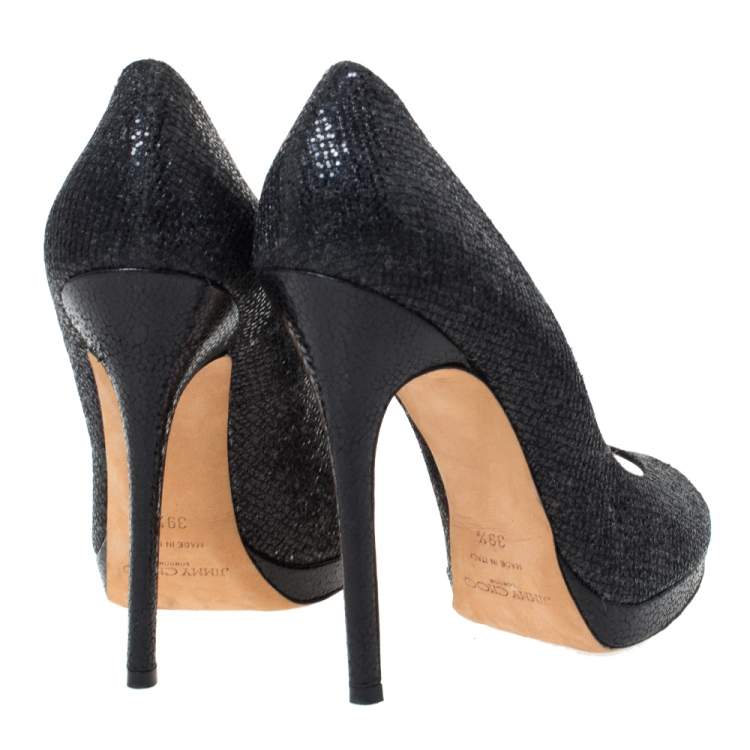 Pre Owned Jimmy Choo Black Lamè Fabric Quiet Peep Toe Platform Pumps Size 39.5