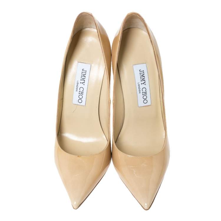 Pre Owned Jimmy Choo Beige Patent Leather Ava Pointed Toe Pumps Size 37
