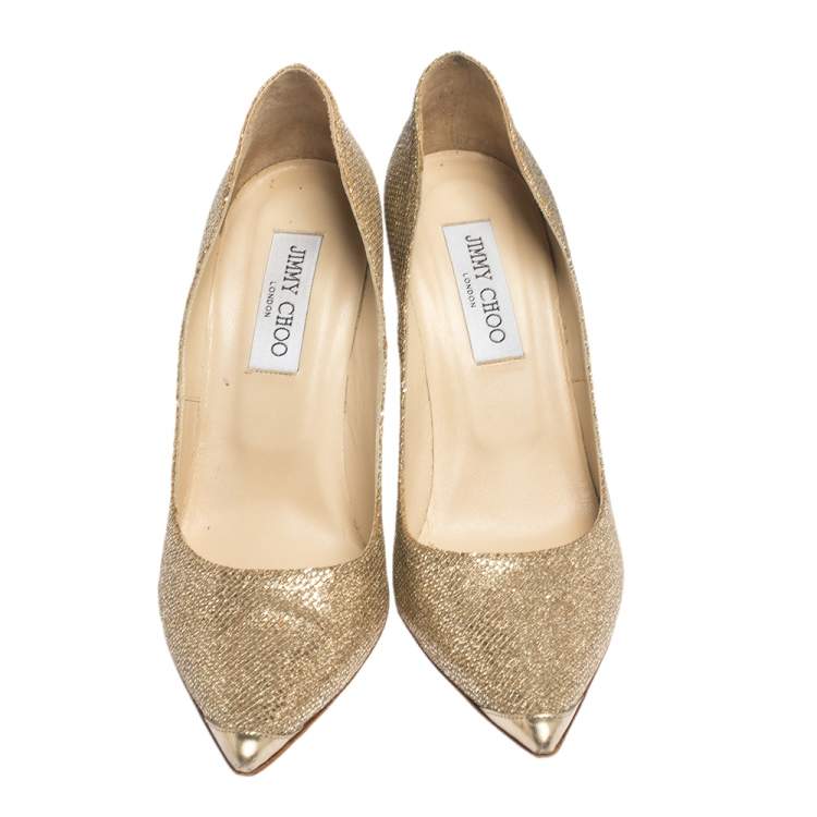 Pre Owned Jimmy Choo Metallic Gold Lamè Glitter Abel Pointed Toe Pumps Size 38.5