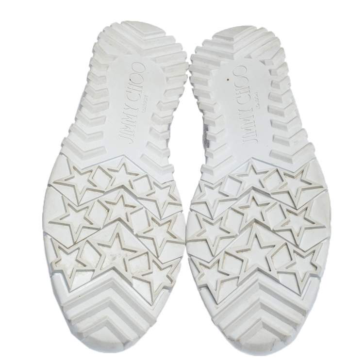 Pre Owned Jimmy Choo White/Silver Knit Fabric And Fur Pom Pom Norway Sneakers Size 38.5 