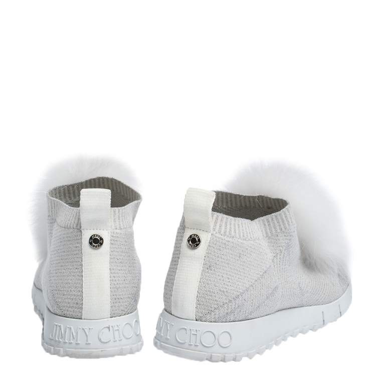 Pre Owned Jimmy Choo White/Silver Knit Fabric And Fur Pom Pom Norway Sneakers Size 38.5 