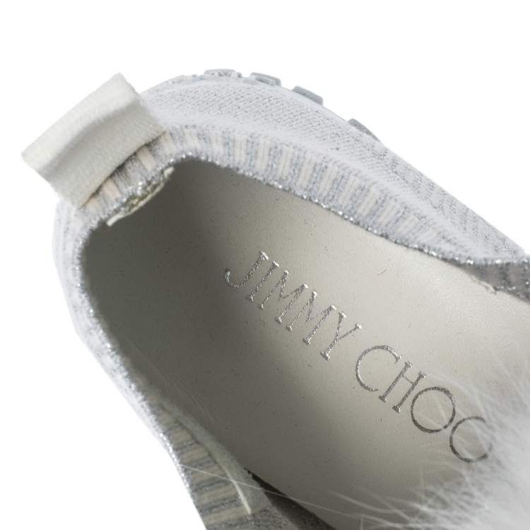 Pre Owned Jimmy Choo White/Silver Knit Fabric And Fur Pom Pom Norway Sneakers Size 38.5 