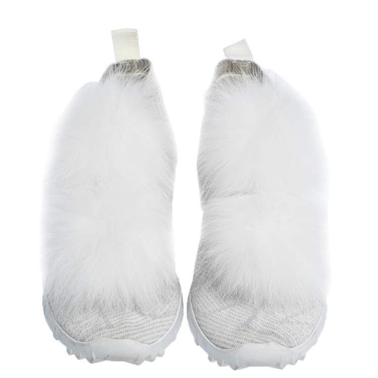 Pre Owned Jimmy Choo White/Silver Knit Fabric And Fur Pom Pom Norway Sneakers Size 38.5 