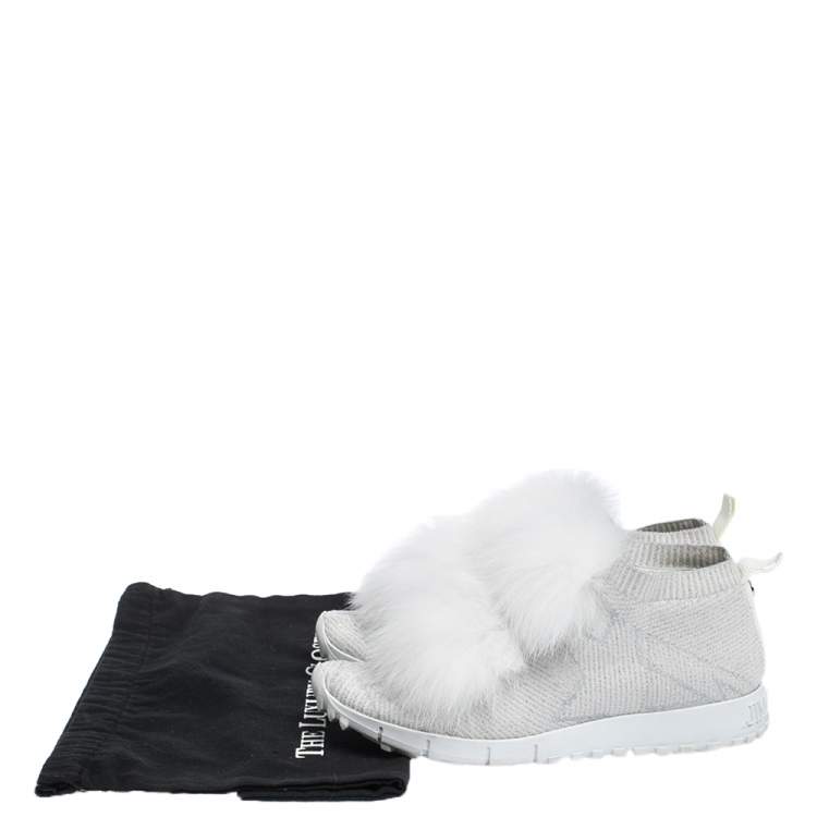 Pre Owned Jimmy Choo White/Silver Knit Fabric And Fur Pom Pom Norway Sneakers Size 38.5 