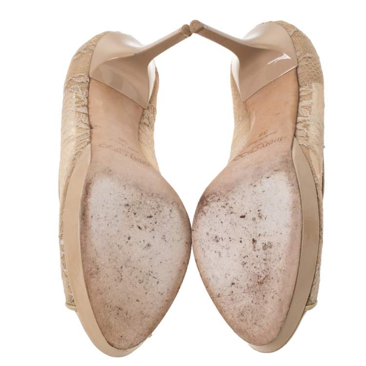 Pre Owned Jimmy Choo Beige Lace/Mesh and Patent Leather Luna Peep Toe Platfrom Pumps Size 38
