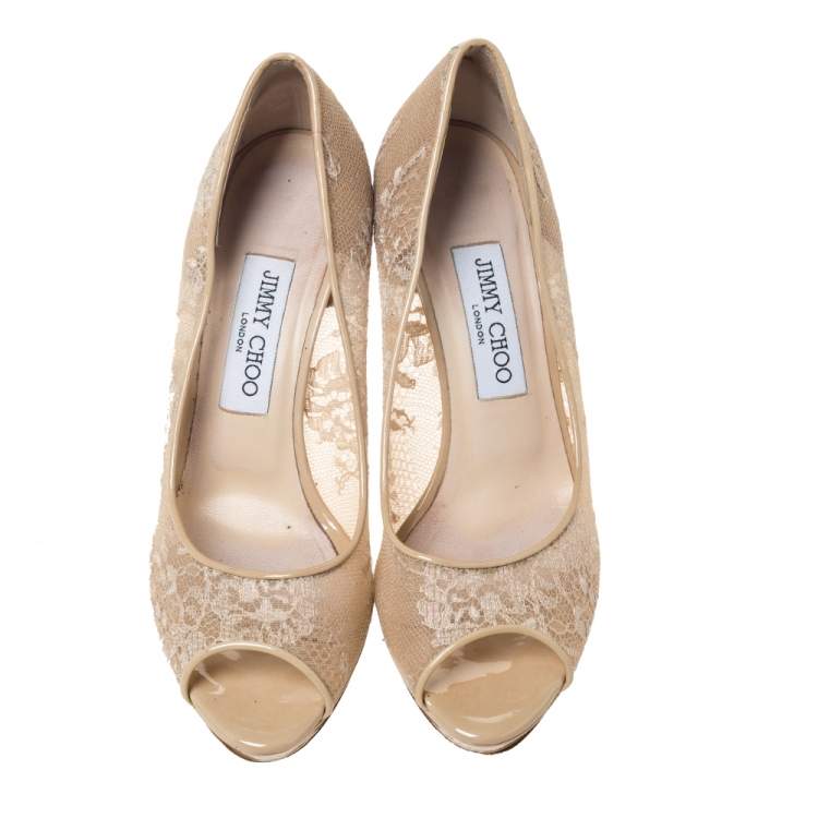 Pre Owned Jimmy Choo Beige Lace/Mesh and Patent Leather Luna Peep Toe Platfrom Pumps Size 38