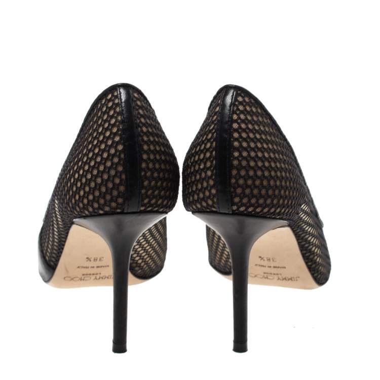 Pre Owned Jimmy Choo Black Mesh and Leather Love Pointed Toe Pumps Size 38.5