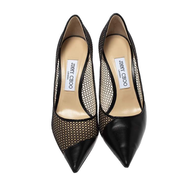 Pre Owned Jimmy Choo Black Mesh and Leather Love Pointed Toe Pumps Size 38.5