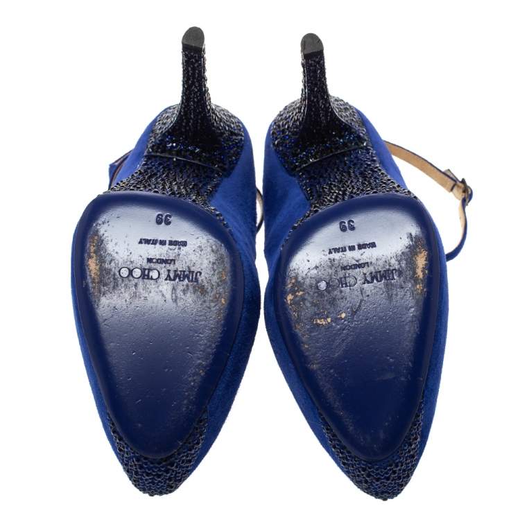 Pre Owned Jimmy Choo Blue Suede Swarovski Crystal Ankle Strap Platform Pumps Size 39