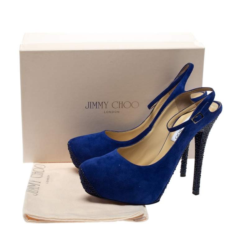 Pre Owned Jimmy Choo Blue Suede Swarovski Crystal Ankle Strap Platform Pumps Size 39
