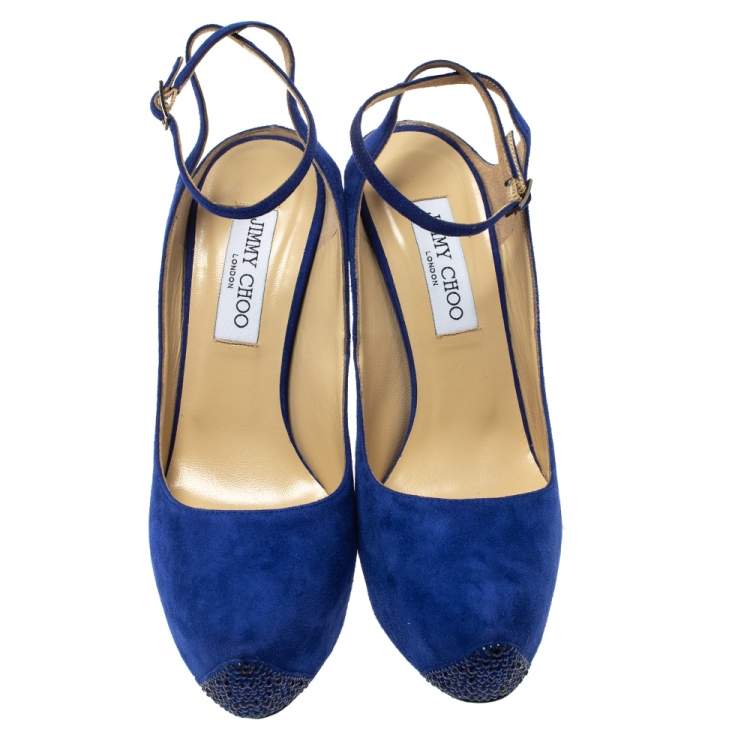 Pre Owned Jimmy Choo Blue Suede Swarovski Crystal Ankle Strap Platform Pumps Size 39