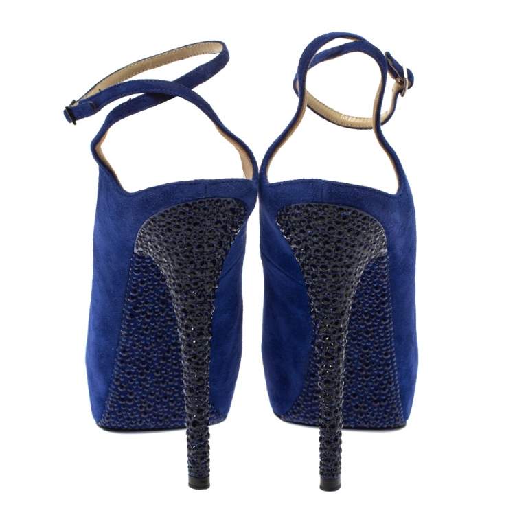 Pre Owned Jimmy Choo Blue Suede Swarovski Crystal Ankle Strap Platform Pumps Size 39