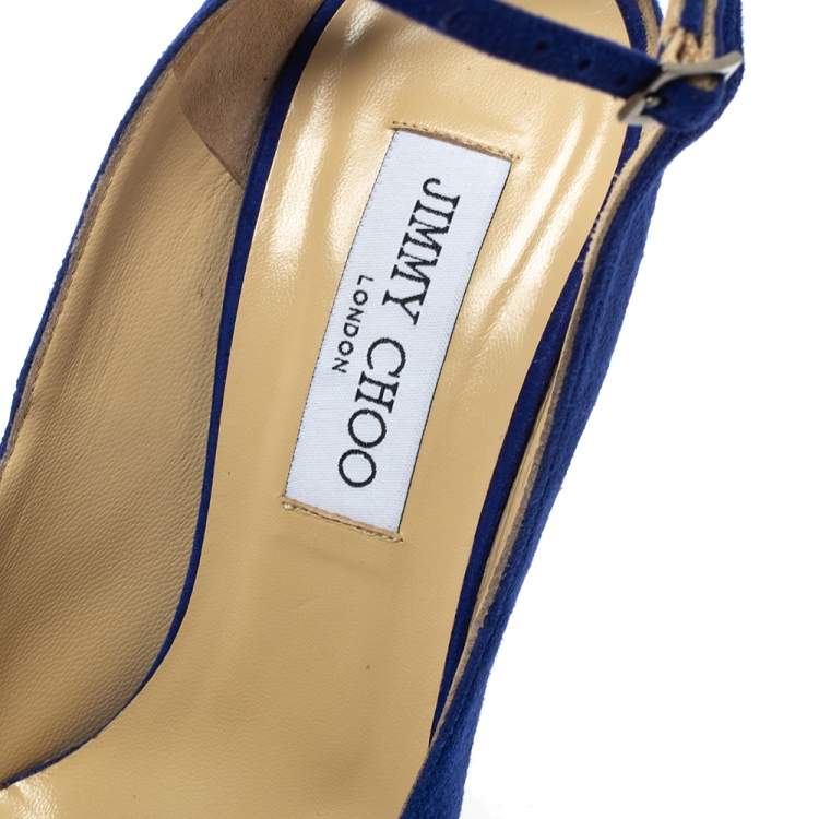 Pre Owned Jimmy Choo Blue Suede Swarovski Crystal Ankle Strap Platform Pumps Size 39