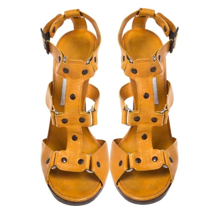 Pre Owned Jimmy Choo Mustard Yellow Studded Leather Cage Sandals Size 39