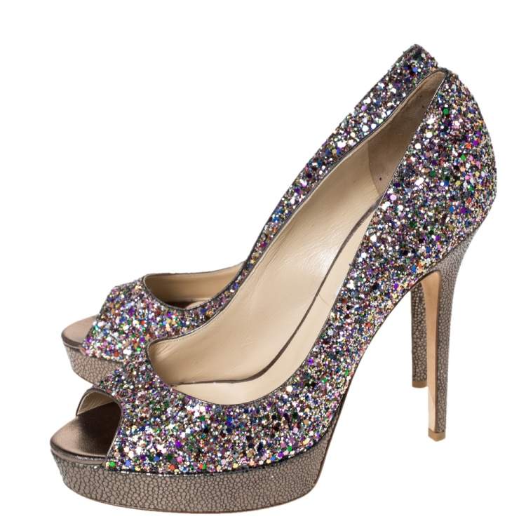 Pre Owned Jimmy Choo Metallic Multicolor Coarse Glitter Crown Peep Toe Platform Pumps Size 40