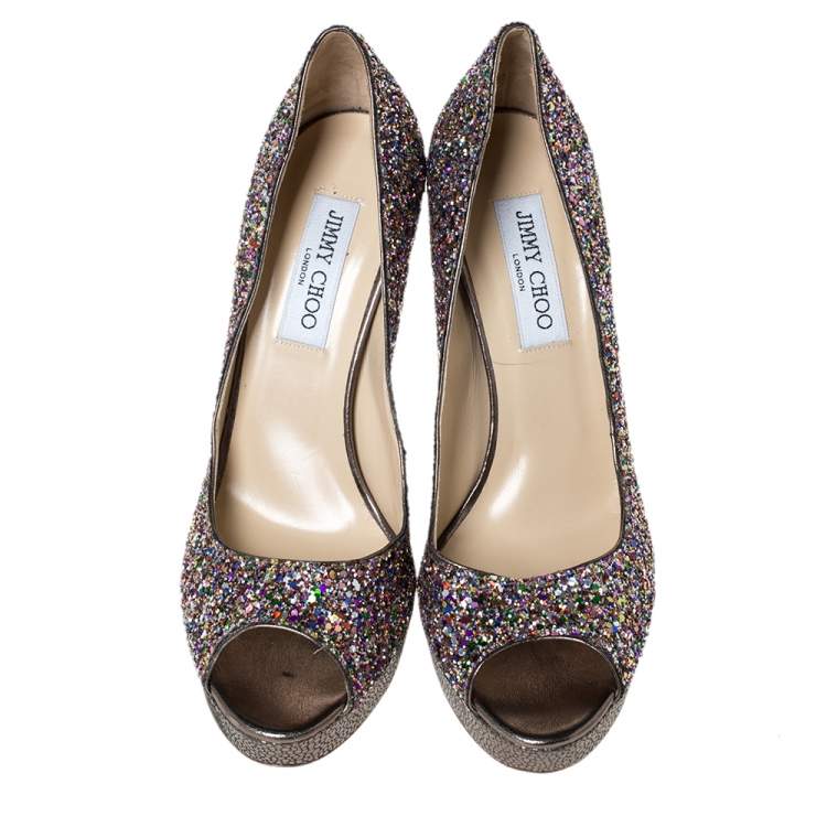 Pre Owned Jimmy Choo Metallic Multicolor Coarse Glitter Crown Peep Toe Platform Pumps Size 40