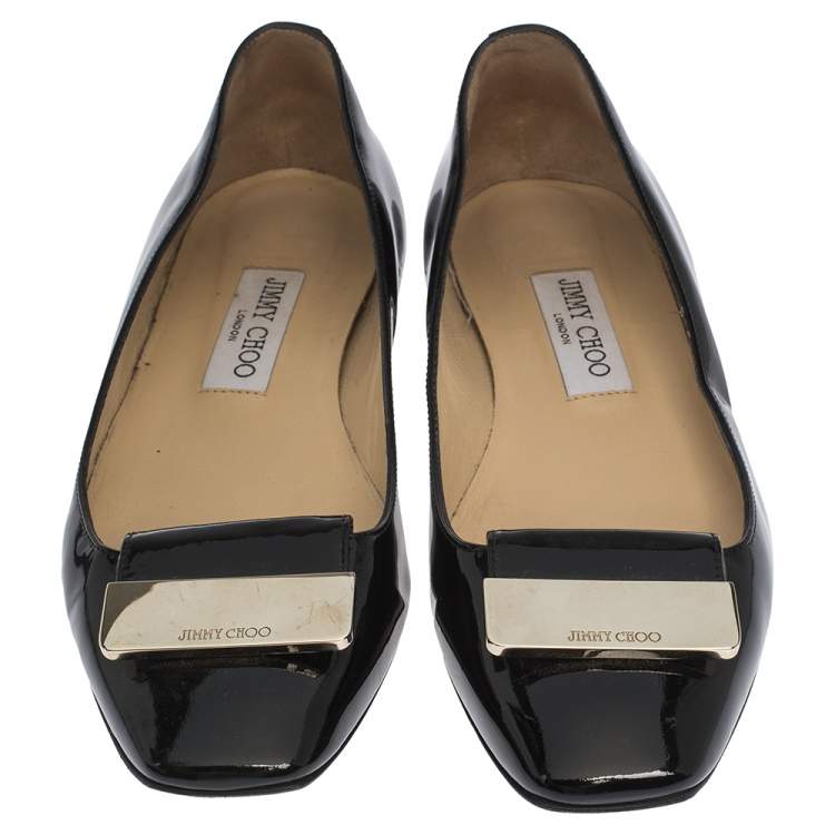 مملوكة مسبقًا Jimmy Choo Black Patent Leather Harlow Square Toe Ballet Flats Size 38