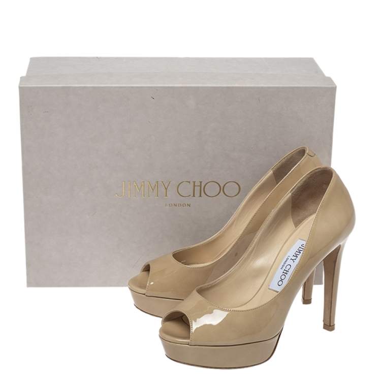 Pre Owned Jimmy Choo Beige Patent Leather Crown Peep Toe Platform Pumps Size 35.5 