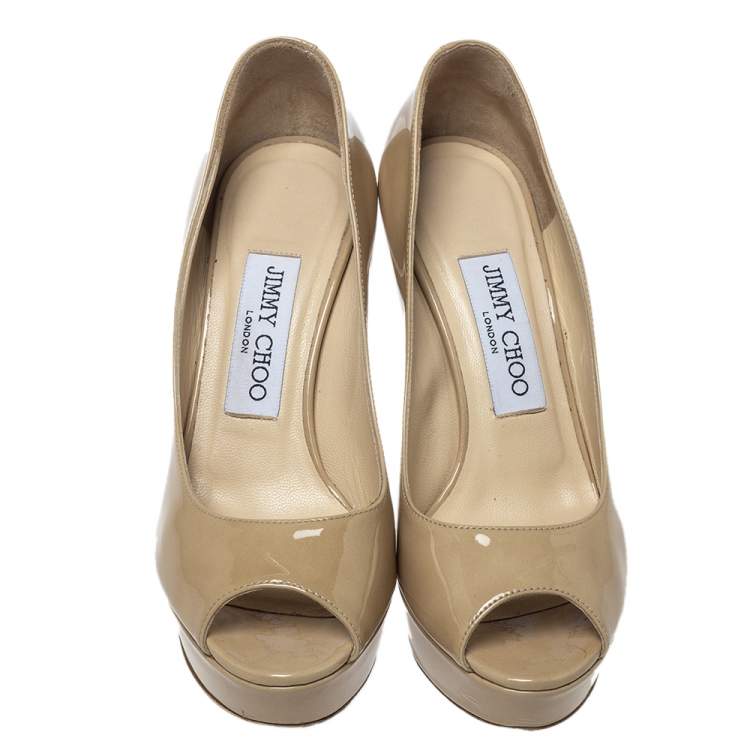 Pre Owned Jimmy Choo Beige Patent Leather Crown Peep Toe Platform Pumps Size 35.5 