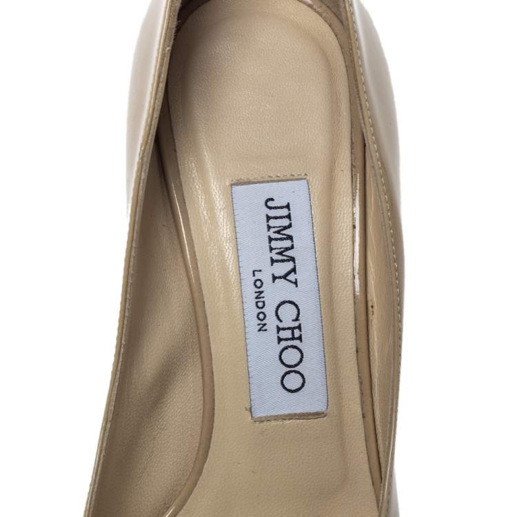 Pre Owned Jimmy Choo Beige Patent Leather Crown Peep Toe Platform Pumps Size 35.5 