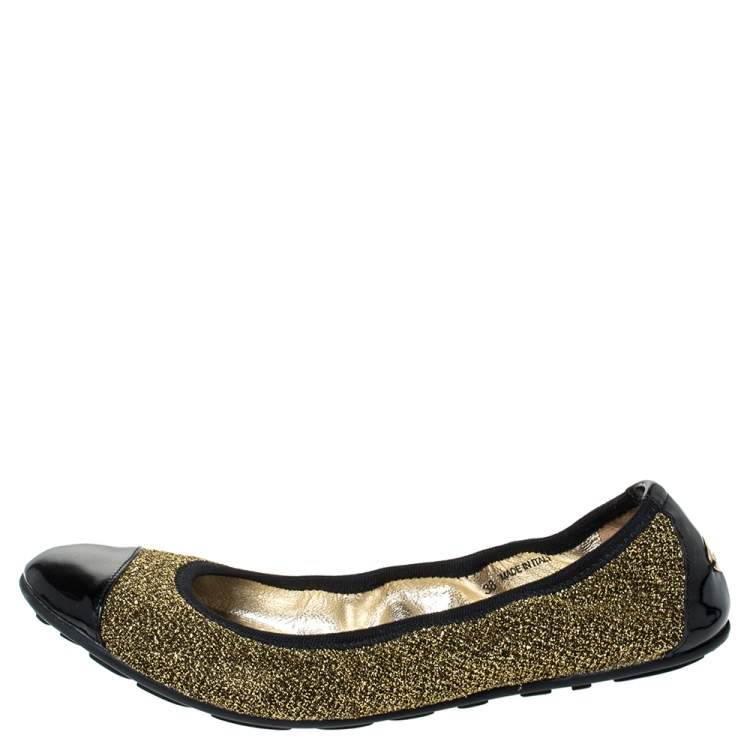 Pre Owned Jimmy Choo Metallic Gold Lamè and Black Patent Leather Winnie Cap Toe Scrunch Ballet Flats Size 38