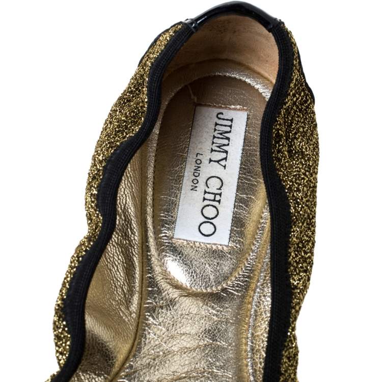Pre Owned Jimmy Choo Metallic Gold Lamè and Black Patent Leather Winnie Cap Toe Scrunch Ballet Flats Size 38