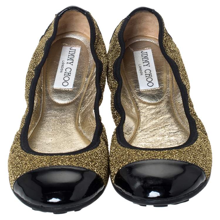 Pre Owned Jimmy Choo Metallic Gold Lamè and Black Patent Leather Winnie Cap Toe Scrunch Ballet Flats Size 38