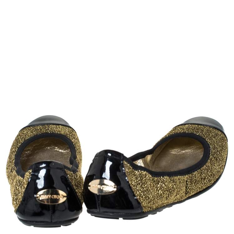 Pre Owned Jimmy Choo Metallic Gold Lamè and Black Patent Leather Winnie Cap Toe Scrunch Ballet Flats Size 38
