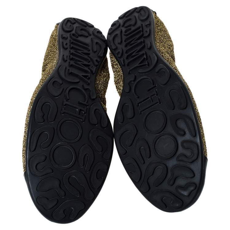 Pre Owned Jimmy Choo Metallic Gold Lamè and Black Patent Leather Winnie Cap Toe Scrunch Ballet Flats Size 38