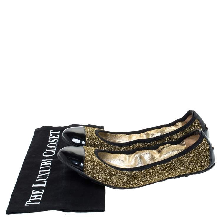 Pre Owned Jimmy Choo Metallic Gold Lamè and Black Patent Leather Winnie Cap Toe Scrunch Ballet Flats Size 38