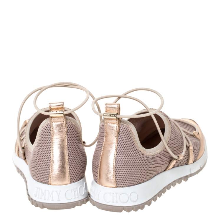 Pre Owned Jimmy Choo Metallic Beige Mesh And Leather Trims Andrea Mesh Slip-On Sneakers Size 35
