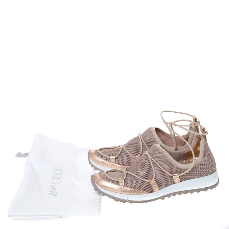 Pre Owned Jimmy Choo Metallic Beige Mesh And Leather Trims Andrea Mesh Slip-On Sneakers Size 35